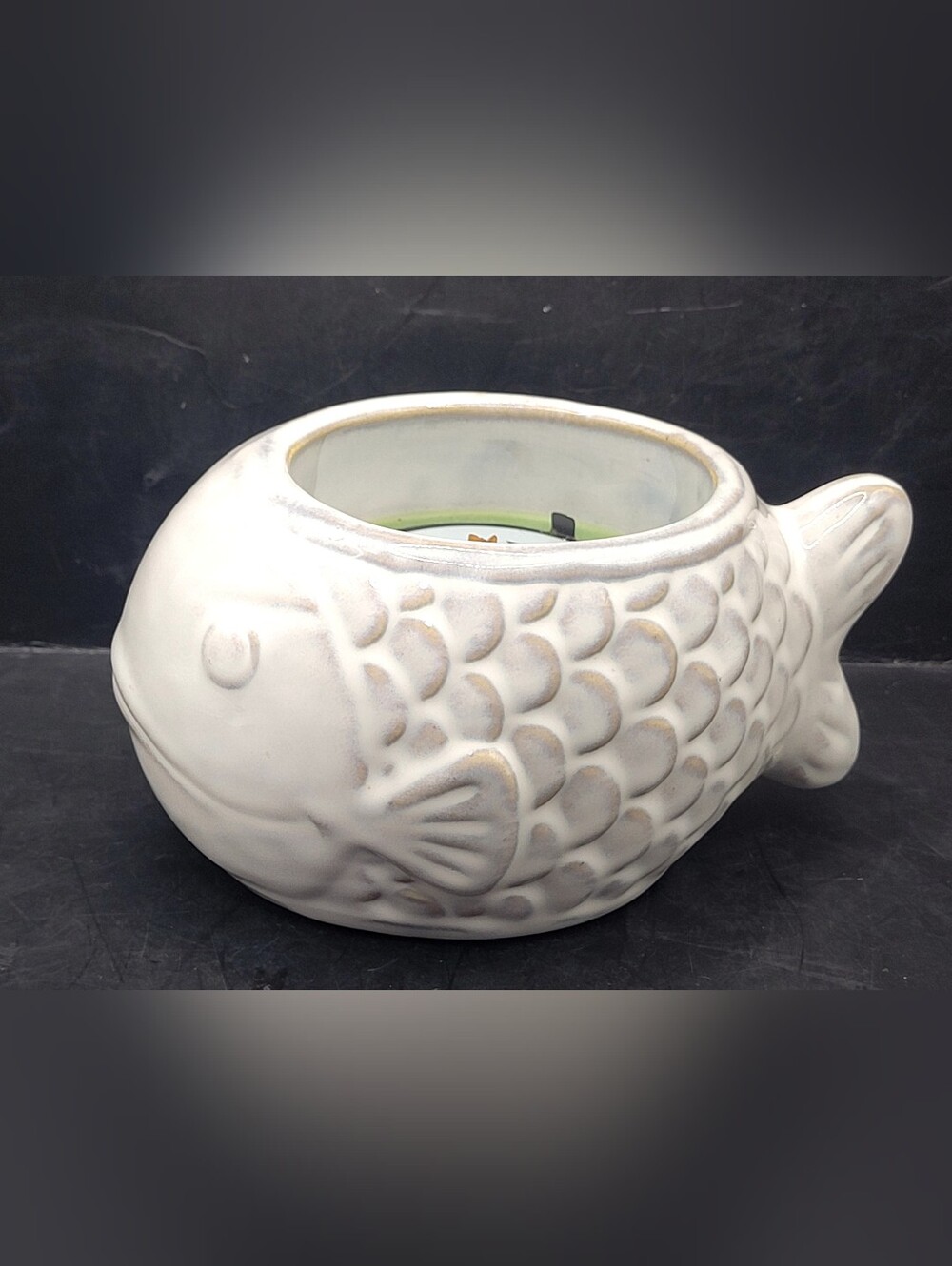 New WoodWick Ceramic Fish Shaped Candle Cdackles As It Burns